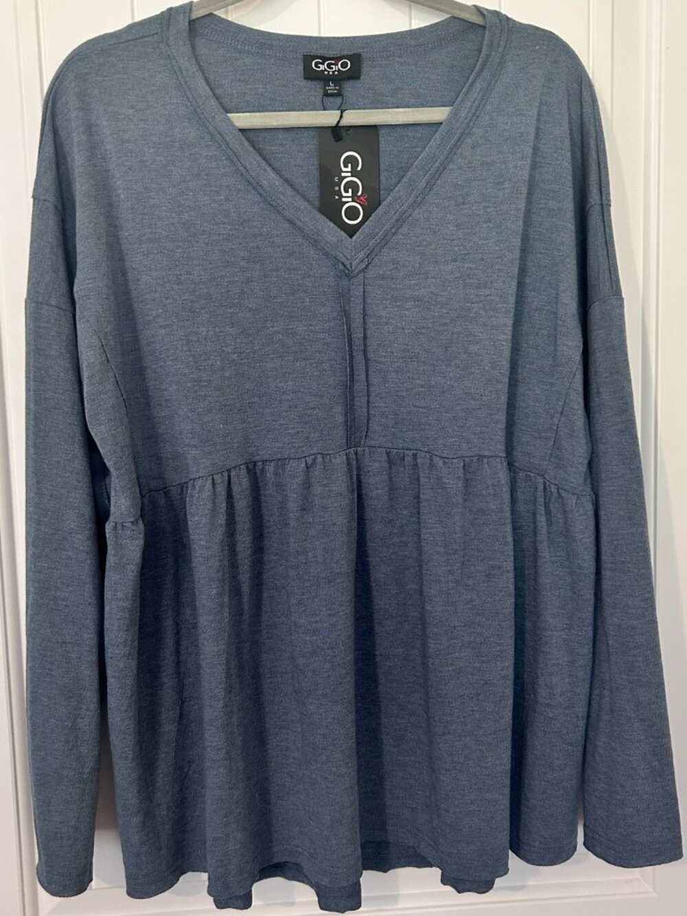 GIGIO USA Steele Blue V-Neck Top TK2073 Large Boho Soft Basic Tee